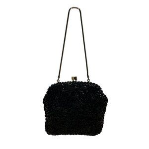 Unbranded Vintage Black Sequin Beaded Metal Frame & Chain Strap Evening Purse